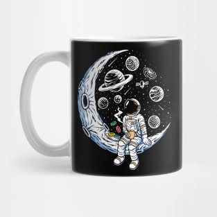 Astronaut Sitting on a Crescent Moon with Coffee & Donuts Mug